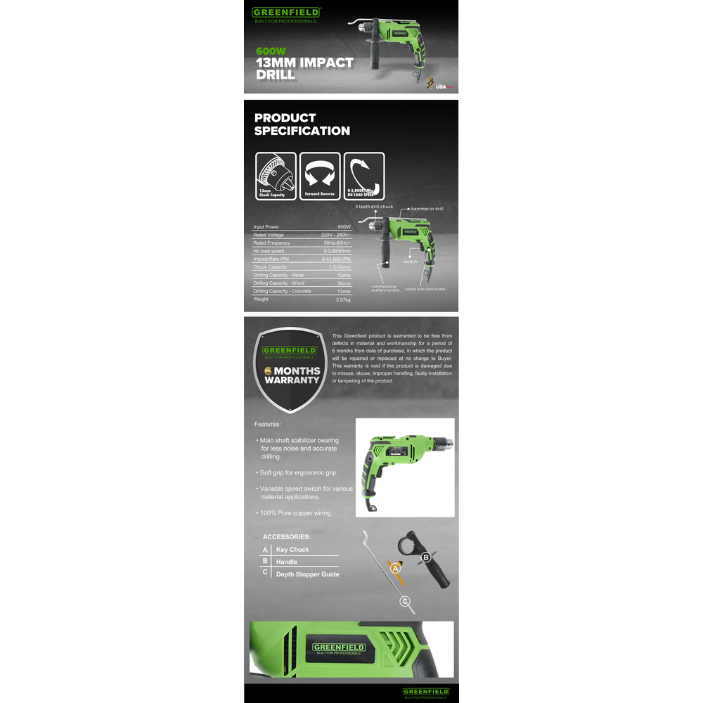 Greenfield 02-620 Impact / Hammer Drill 13mm 600W - KHM Megatools Corp. Greenfield 02-620 Impact / Hammer Drill 13mm 600W - KHM Megatools Corp.